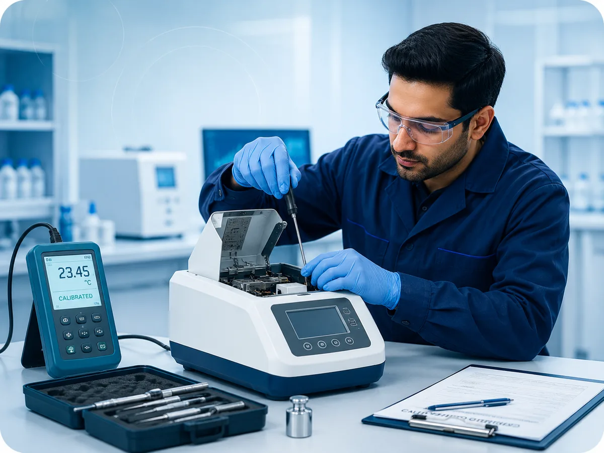 Technician calibrating scientific laboratory equipment